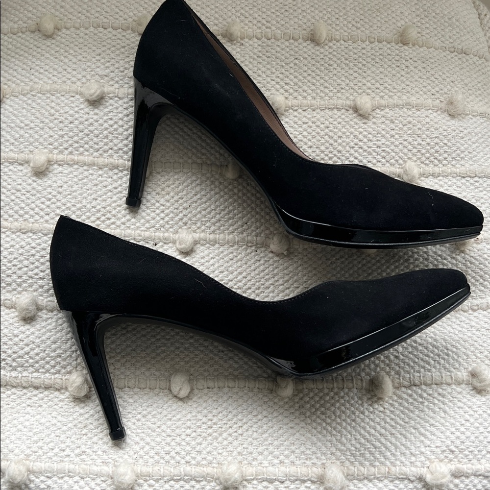 Never worn black suede pumps with black patent details- in 9 1/2.